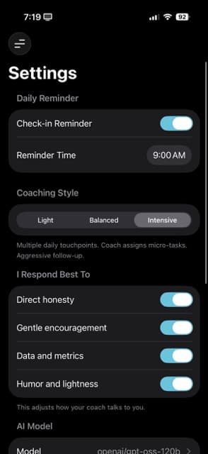 Settings screen